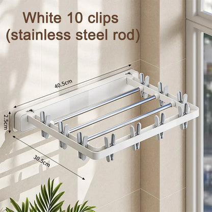 Wall-Mounted Folding Drying Rack with Windproof Sock Clips – Space-Saving Clothing Hanger for Household Laundry