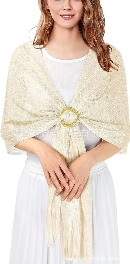 Gold & Silver Thread Tassel Scarf – Elegant Beach, Wedding & Party Fashion Shawl Accessory SJ15