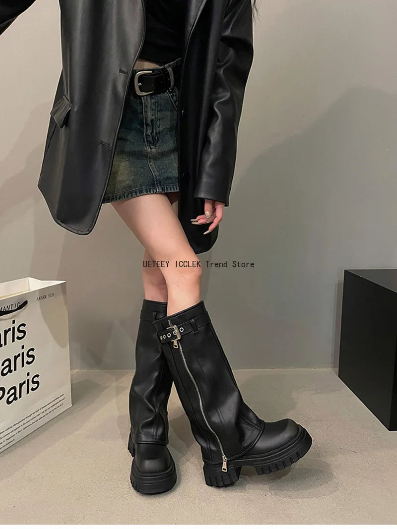 Winter Women's Biker Boots – Fashion Belt Buckle Knee-High Platform Booties