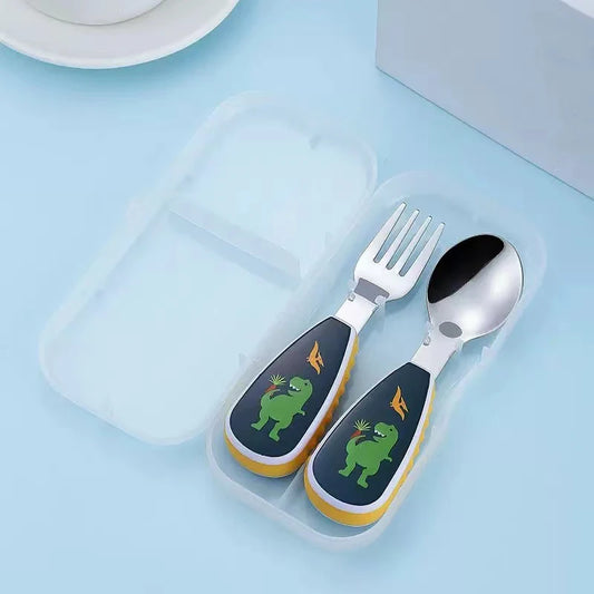 Toddler Dinosaur Spoon & Fork Set - Stainless Steel Cartoon Feeding Utensils with Short Handle for Kids