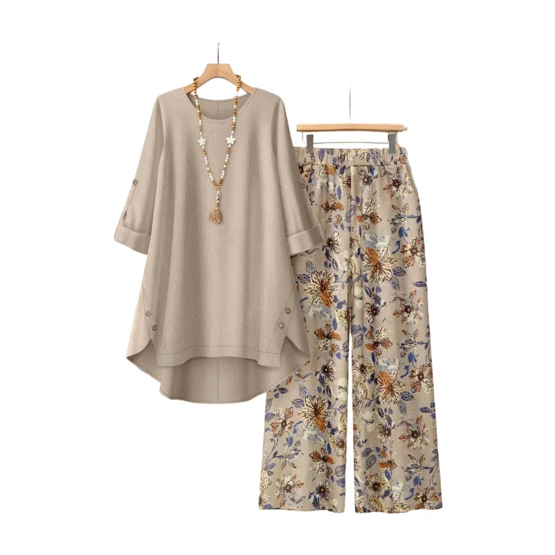 Women's Long Sleeve Top & Floral Wide-Leg Pants Set - Casual Resort Vacation & Everyday Outfit