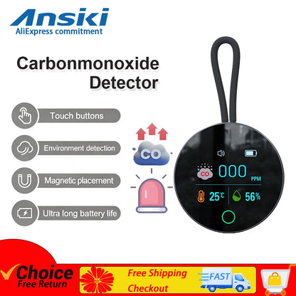 ANSIKI K5S Carbon Monoxide Detector - Portable 3-in-1 CO Monitor with Temperature & Humidity Sensor for Home, RV & Travel