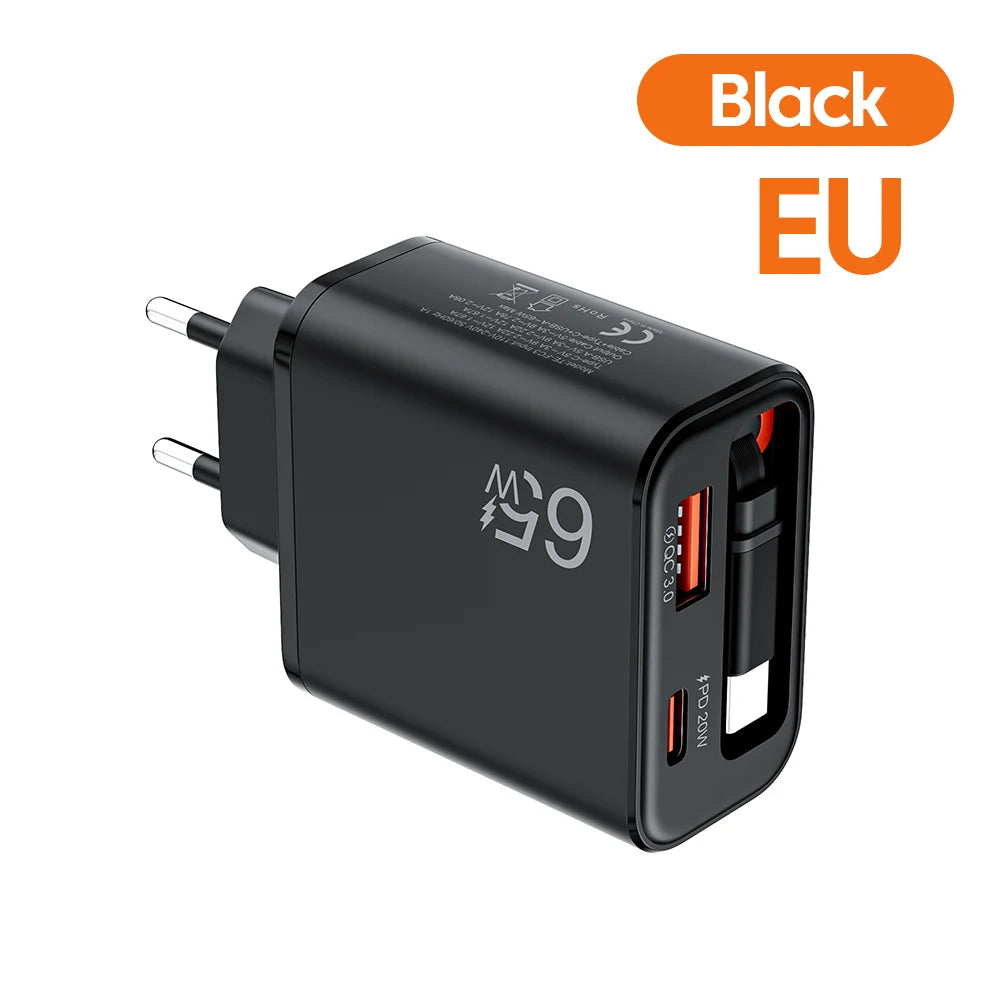 65W USB-C Wall Charger with Retractable Cable – Fast Charging Adapter with USB PD and QC 3.0 for iPhone, POCO, and Xiaomi Devices