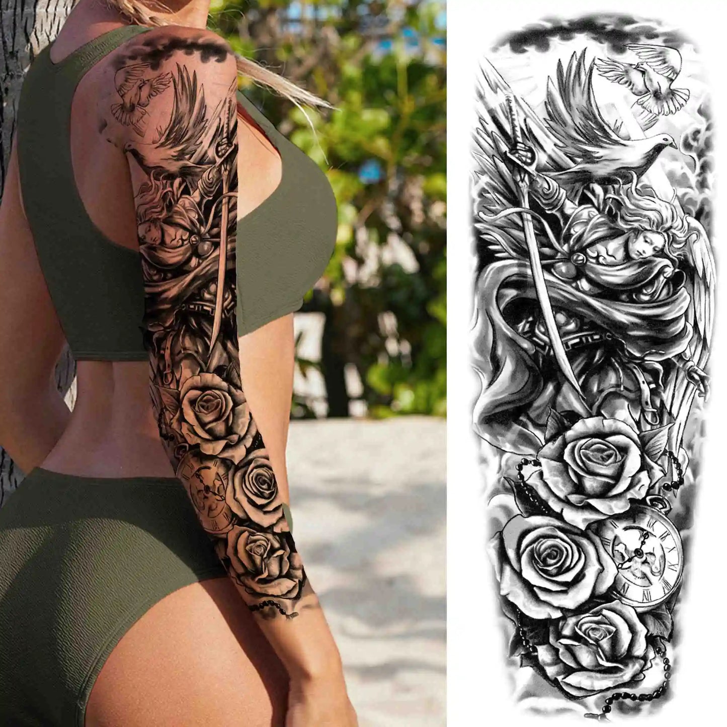 Full Arm Temporary Tattoo Sleeve - Realistic Warrior Lion Tiger Flower & Maori Design Fake Tattoos