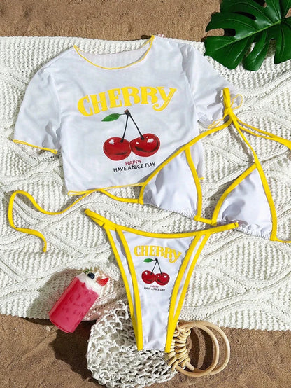 Cherry Print Bikini Set 2026 – Sexy 3-Piece Women’s Swimwear, Fresh Style Beach Bathing Suit, Available in 7 Colors (S–XL)