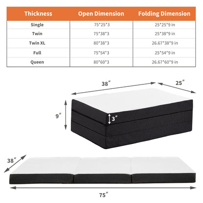 JHK Three-Fold Portable Floor Bed – CertiPUR-US Certified, Soft & Flexible Zipper Mattress for Travel, Camping, and Yoga
