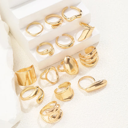 14pcs Gold Geometric Rings Set for Women – Wide Face Smooth Asymmetrical Fashion Jewelry Gift