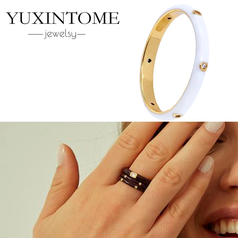 24K Gold-Plated & Silver Enamel Ring – Slim Round Women's Luxury Zircon CZ Ring in Green, Purple, Pink for Wedding & Anniversary