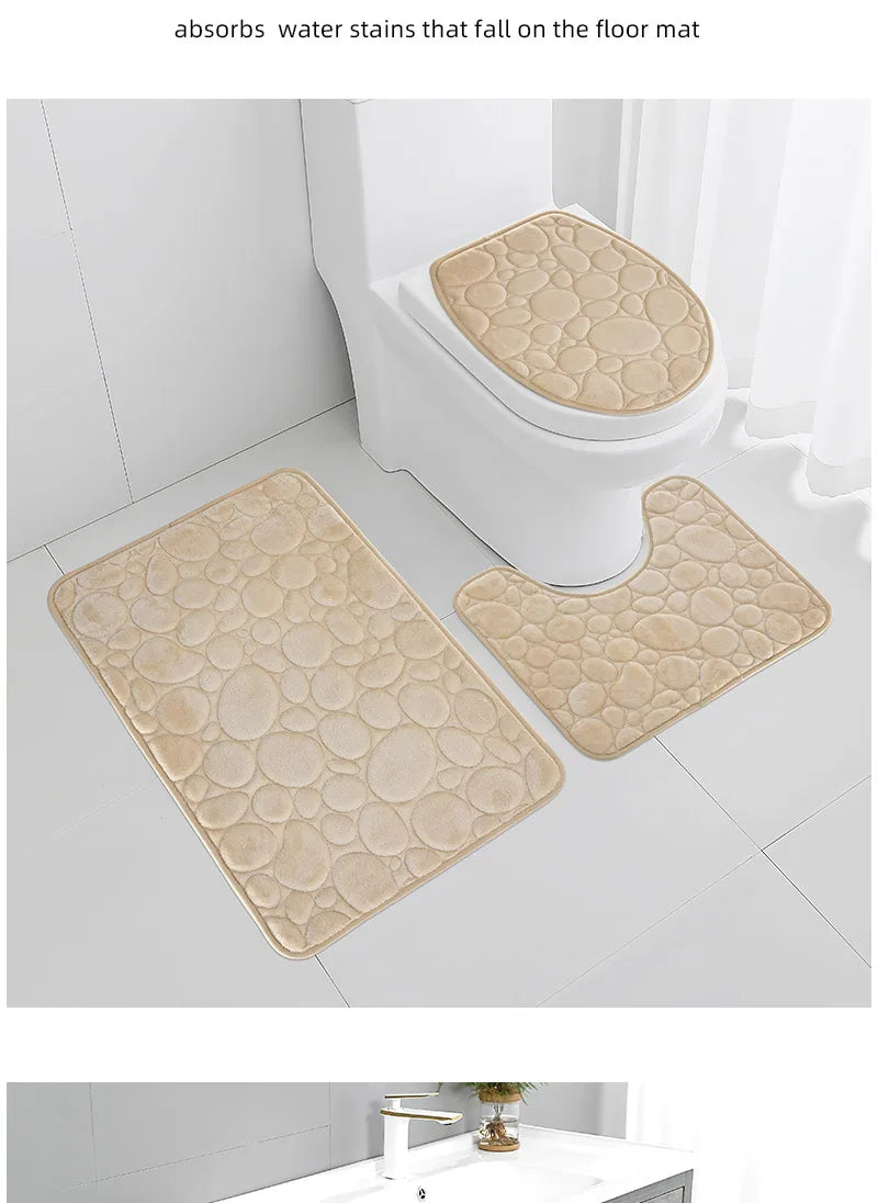 Solid Color Simple Bathroom Mat Set - Water-Absorbing, Non-Slip Stone Pattern, Comfortable & Soft (3PC)