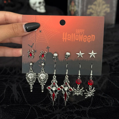 Halloween Crystal Skull Spider Drop Earrings - Gothic Red Crystal Cross and Rose Metal Earrings for Women