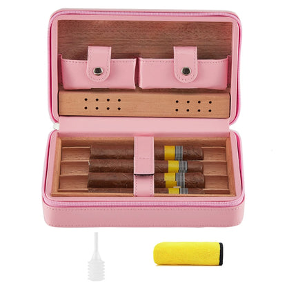 Cedarwood Cigar Case – Portable Leather Cigar Box for 4 Cigars, Humidor Kit with Humidifying Holder & Accessories