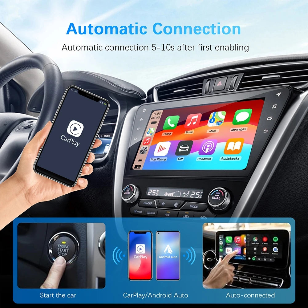 CarPlay & Android Auto Wireless Adapter — Compatible with Toyota, Mazda, Nissan, Camry, Suzuki, Subaru, Citroen, Audi, Mercedes, Kia, Ford, Opel with Spotify & Bluetooth