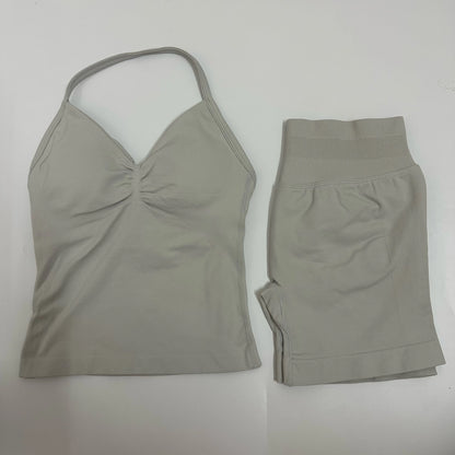 2-Piece Women’s Yoga Set – Seamless Longline Strappy Tank Top & Scrunch Sports Shorts, Summer Workout Gym Outfit