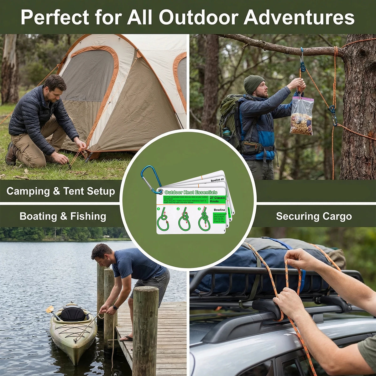 7-Piece Outdoor Knot Cards Set - 27 Classic Knots Guide with Mini Carabiner for Camping & Backpacking