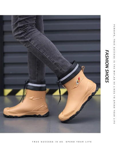 Men’s Ankle-High Fleece-Lined Rain Boots – Waterproof, Anti-Slip, Wear-Resistant Work & Fishing Shoes