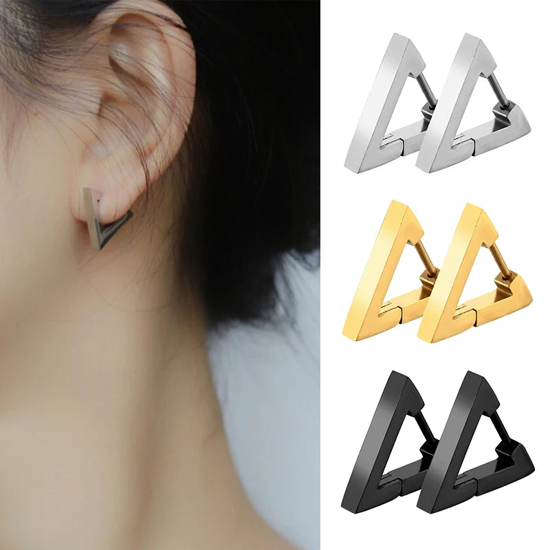 Stainless Steel Triangle Earrings - Unisex Punk Rock Geometric Push-Back Jewelry for Men & Women