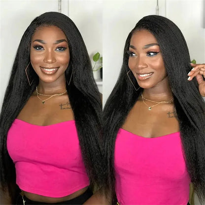 Kinky Straight 13x4 Lace Front Wig – Brazilian Human Hair, Bone Colored Yaki Straight, Transparent Lace Frontal Wig for Women