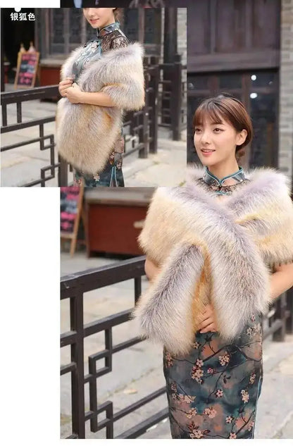32-Color Luxury Faux Fox Fur Shawl – Women’s Plush Winter Scarf, Wrap & Cape for Wedding & Coat