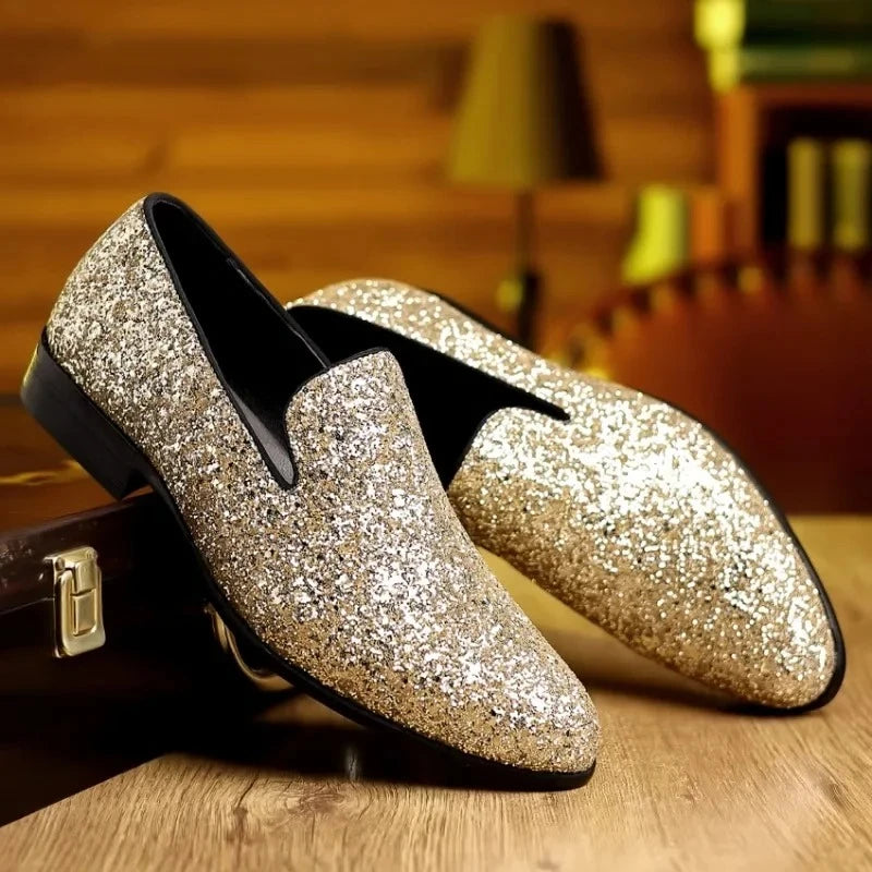 Men’s Luxury Sequin Loafers - Gold & Silver Formal Slip-On Wedding and Party Shoes