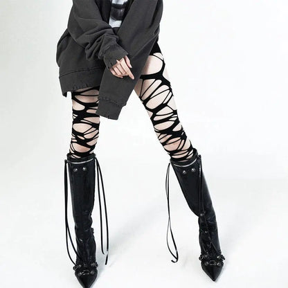 Punk Y2K Ripped High-Waist Fishnet Stockings - Women’s Halloween, Rave & Party Tights