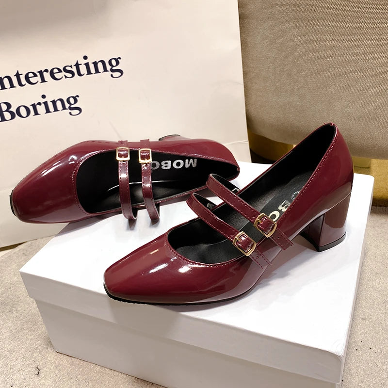 Elegant Women’s Mary Jane Chunky Heels – Square Toe Patent Leather Pumps with Double Ankle Strap