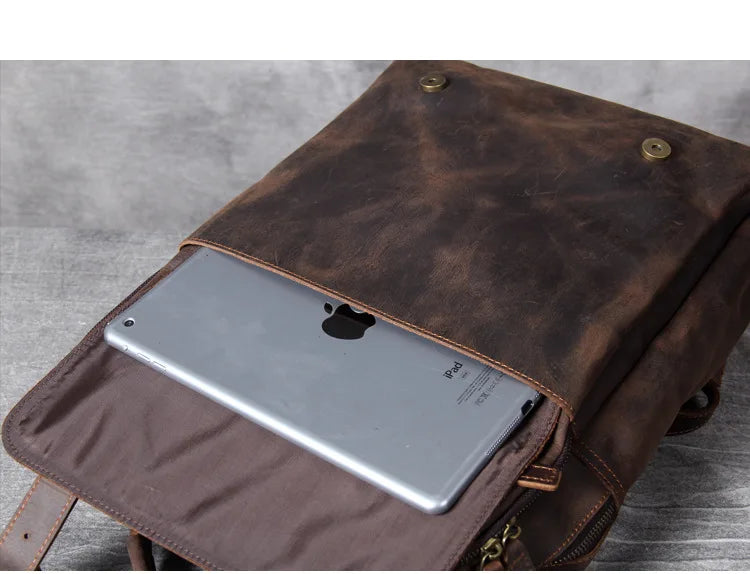 Vintage Crazy Horse Leather Backpack for Men — 17" Laptop Travel Rucksack Cowhide Hiking Bag M815