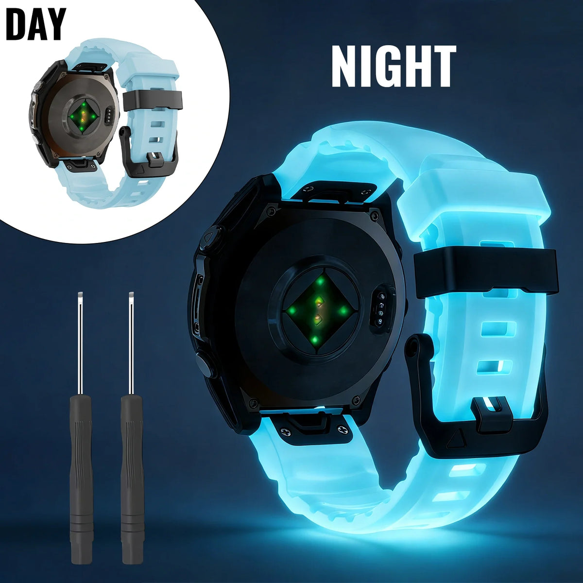 22mm/26mm Luminous Silicone Watch Band for Garmin Fenix, Tactix, Epix Pro and Enduro 3 - Quick-Release Sport Replacement Strap