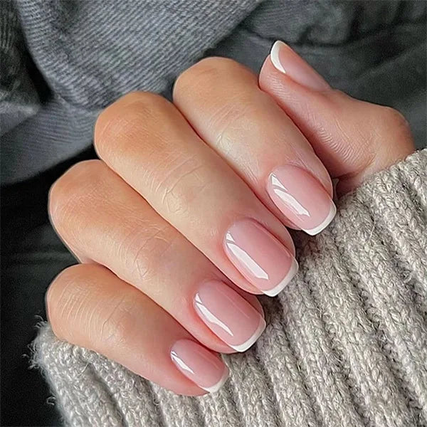 24Pcs Square Press On Nails - Nude White Gradient French False Nail Tips with Full Cover Short Design