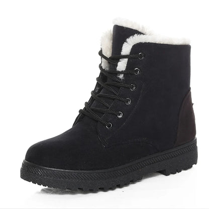 Women's Winter Fur Boots 2025 – Warm Ankle Snow Boots with Low Heels, Black Footwear for Women