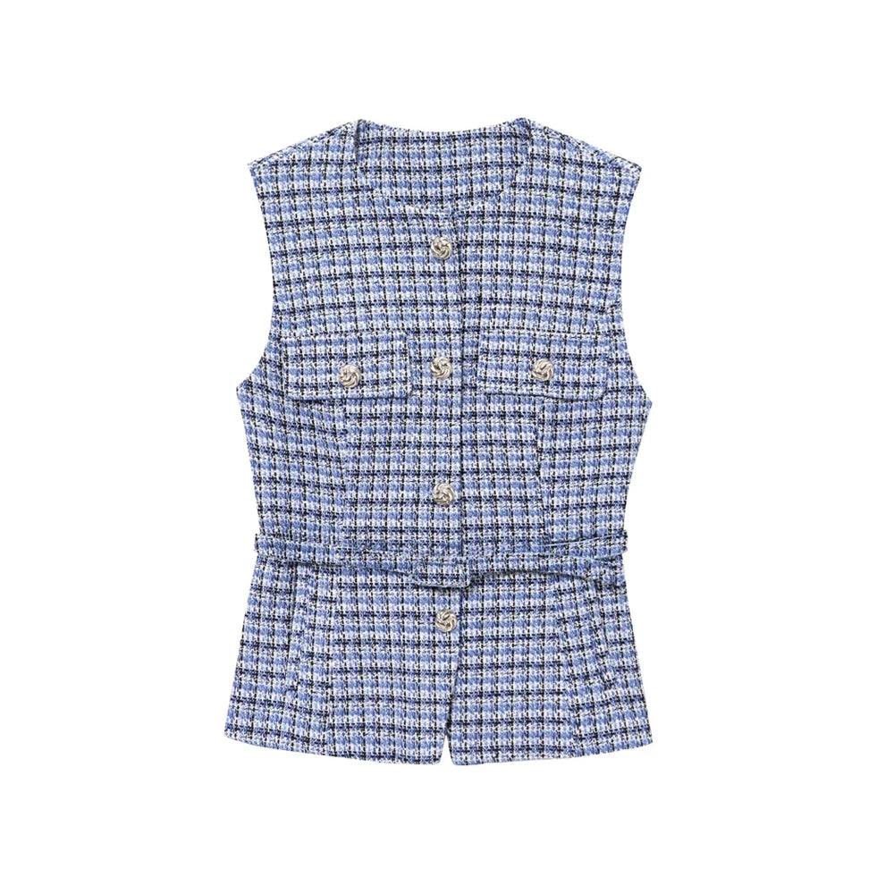 TRZA Women’s Tweed Waistcoat — Sleeveless O-Neck Top with Belt & Front Buttons, Chic Fashion Outerwear