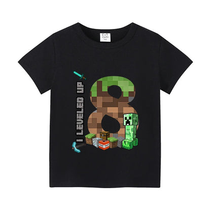 Miner Crafting Birthday Number T-Shirt – Cartoon Summer Short Sleeve Tops for Boys Party Gift