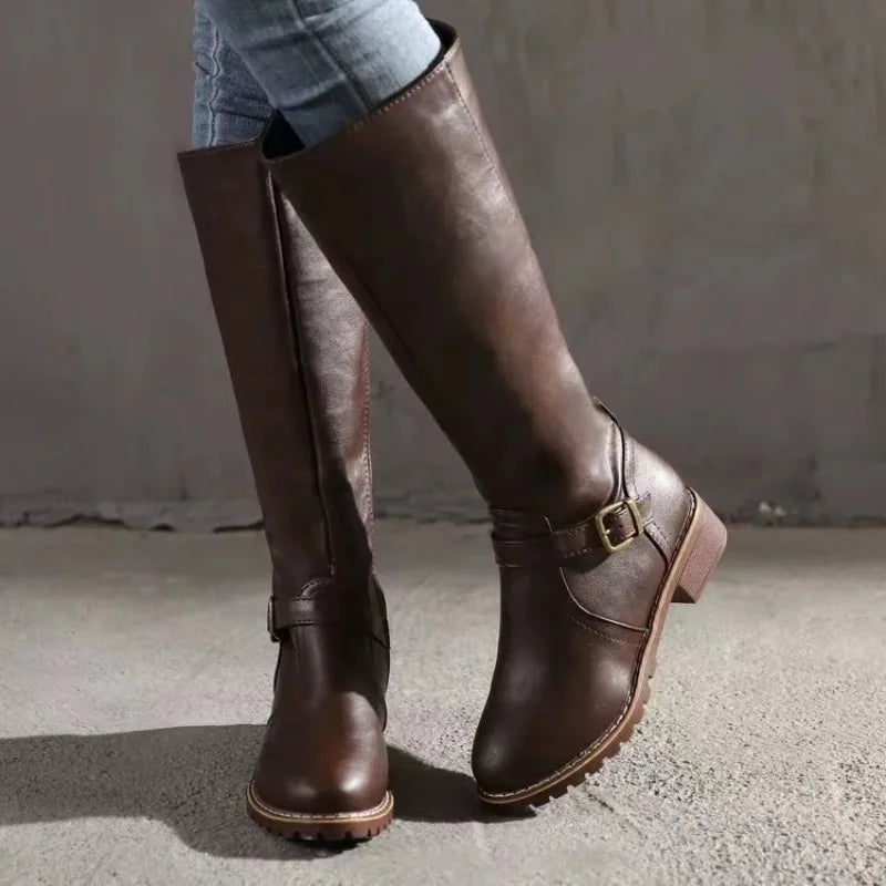 2024 Women’s Over-the-Knee Riding Boots – Winter Chunky Heel Round Toe Buckle Platform Shoes