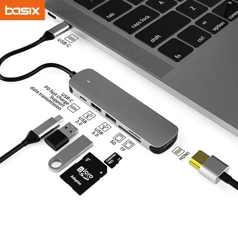 USB-C Hub Adapter with 4K — 100W PD USB-C Port, SD & TF Card Reader for MacBook Air, iPad Pro, Huawei, Samsung Phones