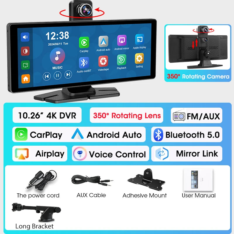 7"/10.26" 4K Dash Cam — Car DVR with Wireless CarPlay, Android Auto, 350° Rotating Lens, GPS & Bluetooth