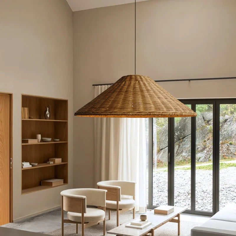 Vintage Rattan Pendant Light - Handwoven Wicker Ceiling Hanging Lamp for Dining Room & Kitchen Decor