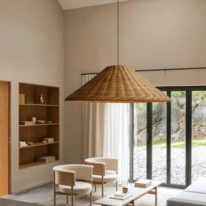 Vintage Rattan Pendant Light - Handwoven Wicker Ceiling Hanging Lamp for Dining Room & Kitchen Decor