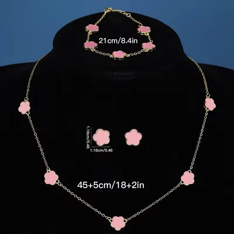 Lucky Five-Petal Flower & Clover Bracelet, Earrings, Necklace Set – Stylish Women's Party Jewelry Accessories