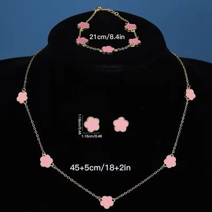 Lucky Five-Petal Flower & Clover Bracelet, Earrings, Necklace Set – Stylish Women's Party Jewelry Accessories