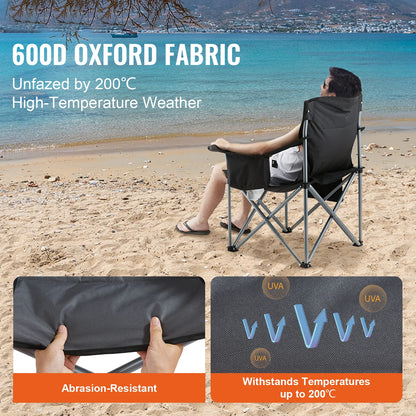 Camping Folding Chair — Portable Padded Armchair with Lumbar Support & Side Pockets for Beach, Lawn, Picnic