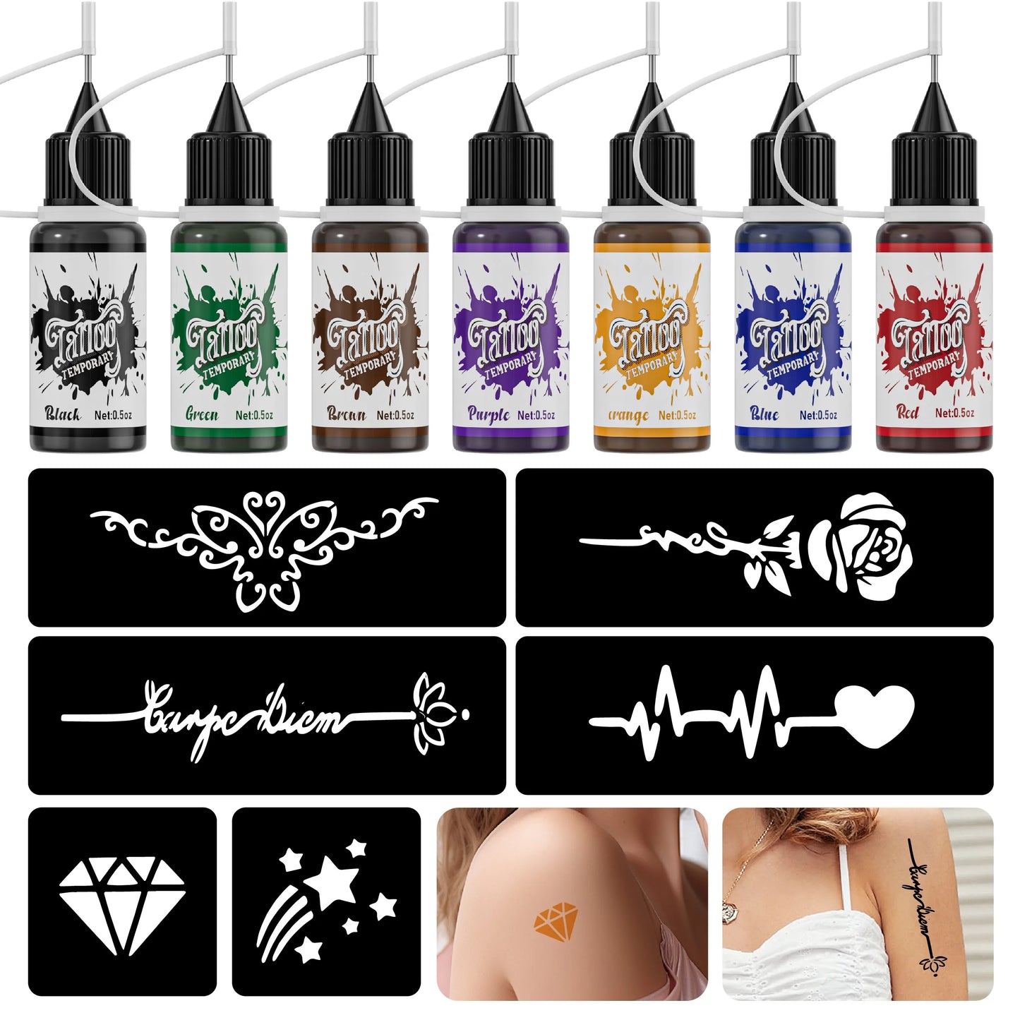 Temporary Tattoo Kit — 7 Mixed Color Pastes with 6 Stencil Designs, Easy-to-Use Henna Semi-Permanent Tattoo Set