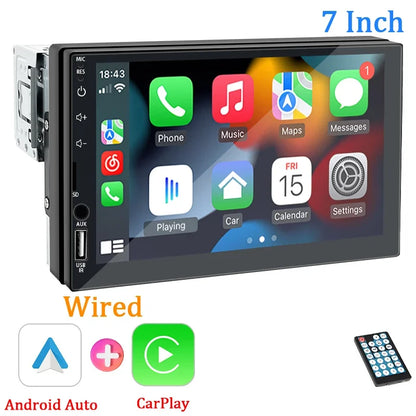 1DIN 7" HD Car Radio – CarPlay Android Auto Multimedia Player with Touchscreen, FM, AUX, Bluetooth & MirrorLink Universal Autoradio