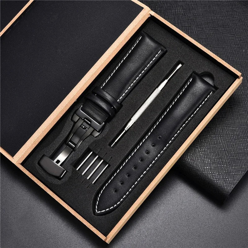 Genuine Leather Watch Strap - 18mm, 20mm, 22mm & 24mm Replacement Band with Butterfly Buckle for Men and Women