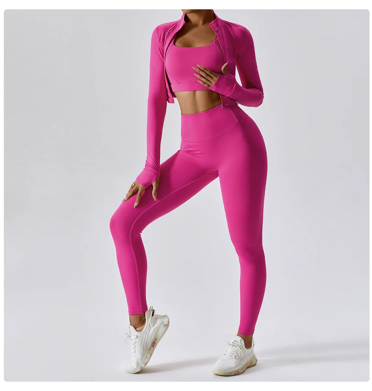 3PCS Women’s Yoga & Workout Set – Long Sleeve Zipper Top with High Waist Leggings Fitness Sportswear