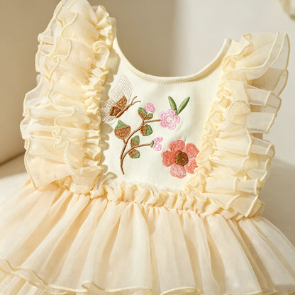 Newborn Baby Girl Floral Tutu Romper Set - Butterfly Embroidery Bodysuit with Flower Headband