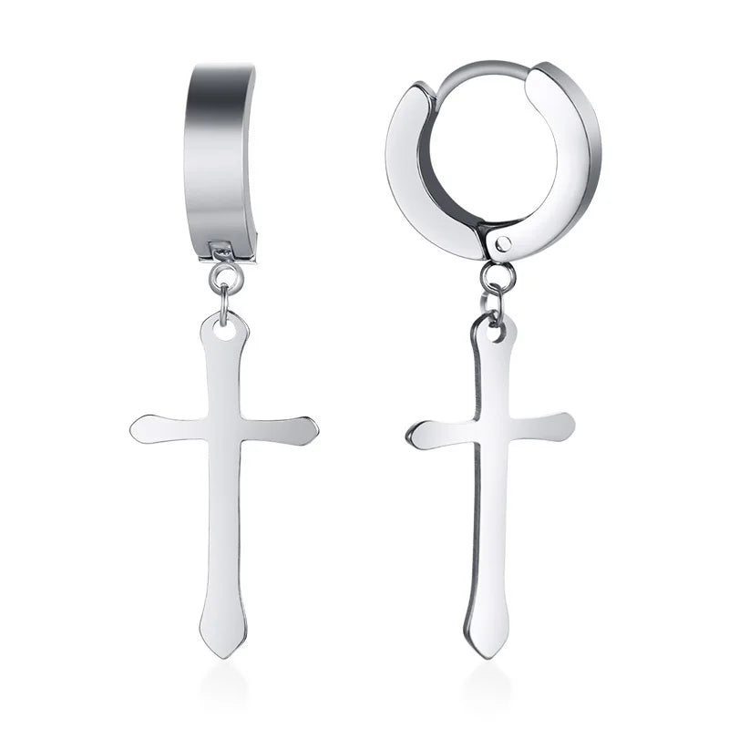 Stainless Steel Cross Charm Earrings - Men's Fashion Jewelry