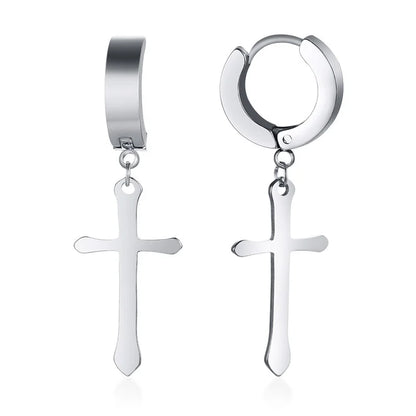 Stainless Steel Cross Charm Earrings - Men's Fashion Jewelry