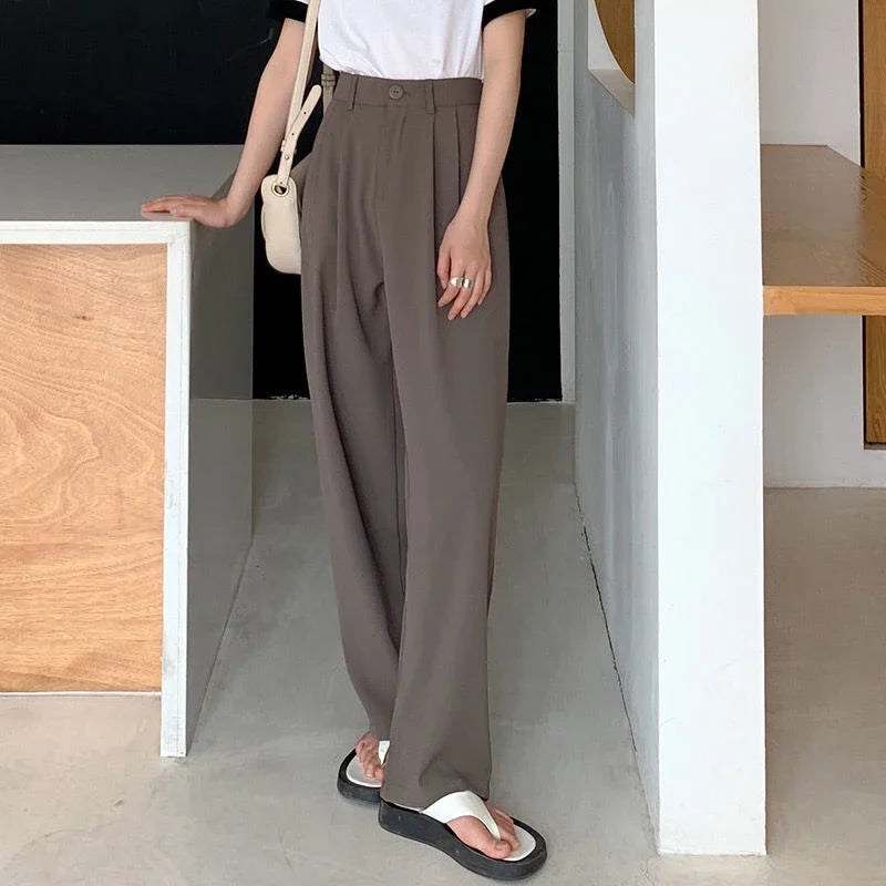 High Waist Women’s Suit Pants – Straight Office Trousers, Casual Button Loose Black Pants for Fall 2024