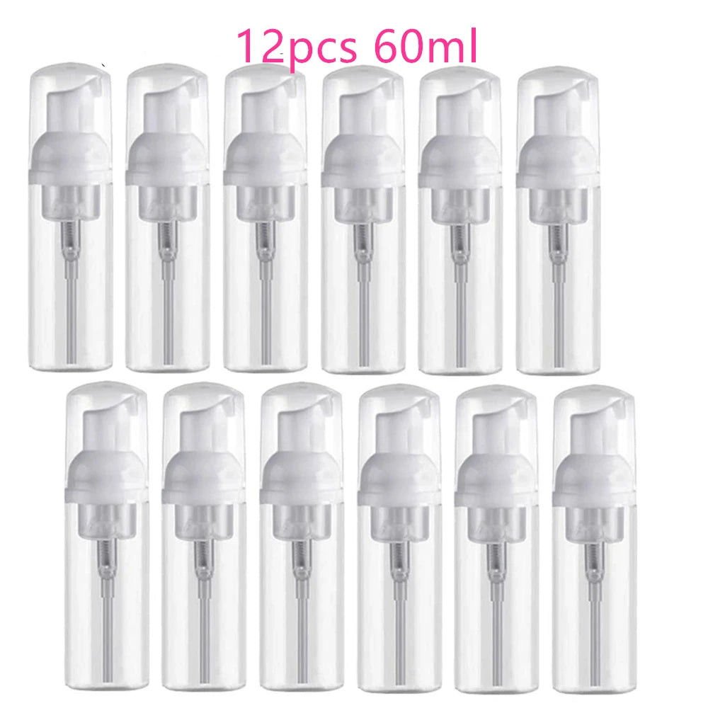 12pcs Portable Foaming Pump Bottles – 30/60ML Refillable Clear Dispenser for Lotion, Shampoo & Soap