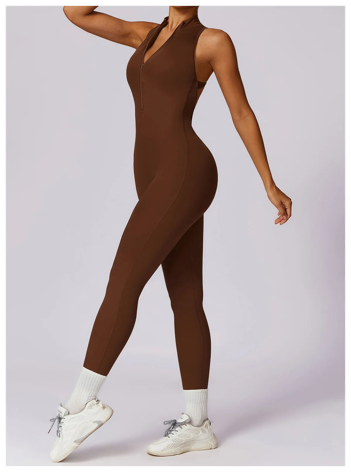 Women’s V-Back One-Piece Sports Jumpsuit — Sleeveless Yoga Romper with Zipper Workout Bodysuit