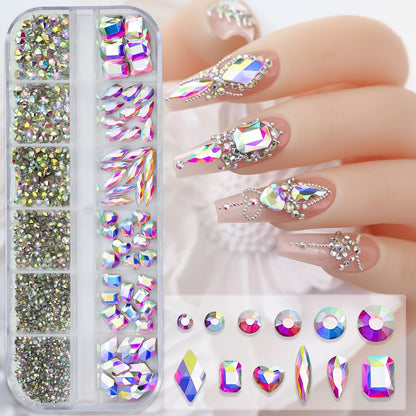 12-Grid Mixed Nail Rhinestones SS6-SS30 – Shiny Flat-Back Gems in Clear, Gold, Pink & Blue for Nail Art Decoration